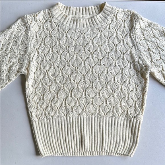 Cream Lace Pattern Knit Crew Neck Sweater - Picture 4 of 13